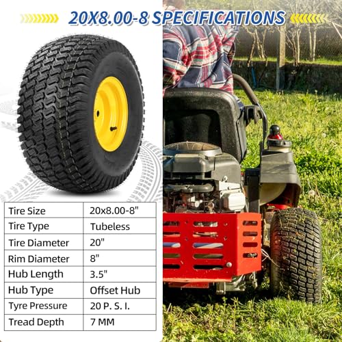 GICOOL 20x8.00-8 Tire and Wheel, 4 Ply Tubeless Lawn Mower Tire Replacement 20x8-8nhs Riding Tractor Mower and Rear Tire and Wheel Assemblies, 3.5" Offset Hub, 3/4" Borehole, and 3/16" Keyway, 2 Pack - size: 20x8.00-8 Tubeless