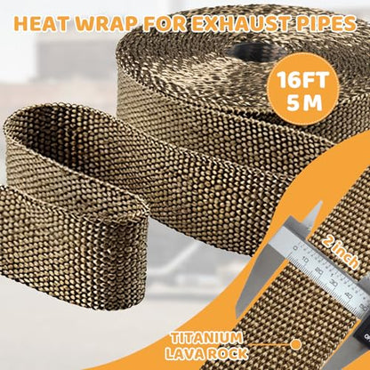 Exhaust Heat Wrap, Tooomplus 2'' x 16' Fiberglass Heat Shield Tape, Heat Wrap for Exhaust Pipes with 10pcs Stainless Steel Ties for Motorcycle Car Truck - size: 16 ft