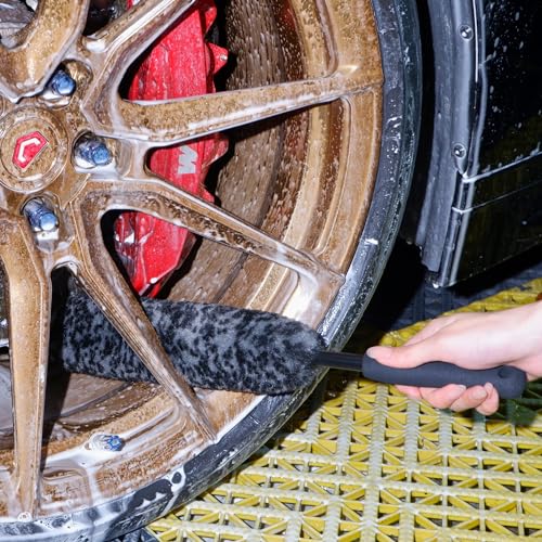 oesee Refined Long Handle Car Wheel Brush Arsenal, Soft Wheel and Rim Brush,Tire Brush, Bendable & Durable Car Wheel Rim Cleaner Brush Kit for Cleaning Wheels and Tires - color: Grey/Black, size: 4-Pack