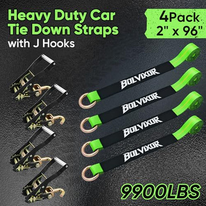 Car Tie Down Straps, 4 Pack, 2" x 96", 9900 LBS, Heavy Duty J Finger Hooks - color: Green