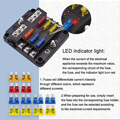 12V Fuse Block, Waterproof 6 Way Fuse Box with LED Indicator for 12V/24V Automotive Golf Cart Truck Car Boat Marine RV Motorcycle - color: 6 Way Fuse Box