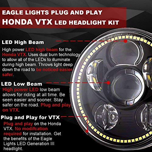 Eagle Lights 5.75 inch LED Motorcycle Headlight Kit for Honda VTX with Bracket and Hardware - Plug and Play (Generation III with Halo Ring) 2002-2008 VTX 1800, VTX 1300 - color: Black Generation III w/ Halo Ring