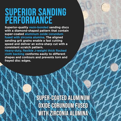 ProductionShop Premium 120 Grit 6" Rhombus Diamond Shape Blue Sanding Discs, 6-Hole, Box of 50 - Hook & Loop Anti-Clogging J-Cloth Dustless Sandpaper for Random Orbital Sanders, Sand Auto Paint, Wood - style: 120 Grit