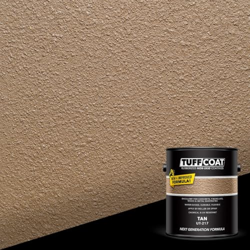 Tuff Coat Medium Texture Rubberized Non-Skid Deck Coating – Textured Non-Slip Safety Surface for Pool Decks, Docks, Boat Ramps, Patios, Walkways & High-Traffic Areas (UT-217 Tan 5-gallon) - color: Tan, size: 640 Fl Oz (Pack of 1)