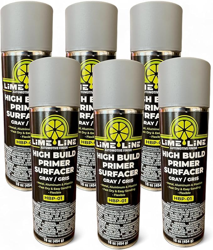 LiME LiNE 1K Flexible High Build Primer Surfacer, Direct to Metal, Automotive and Industrial Grade, 16 oz Aerosol Spray Can, Primer Light Grey (Pack of 6) - color: Pack of 6