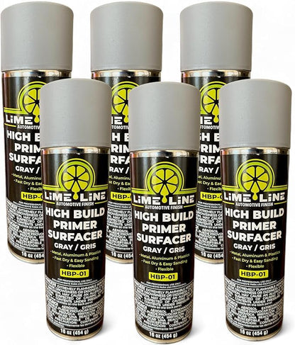 LiME LiNE 1K Flexible High Build Primer Surfacer, Direct to Metal, Automotive and Industrial Grade, 16 oz Aerosol Spray Can, Primer Light Grey (Pack of 6) - color: Pack of 6