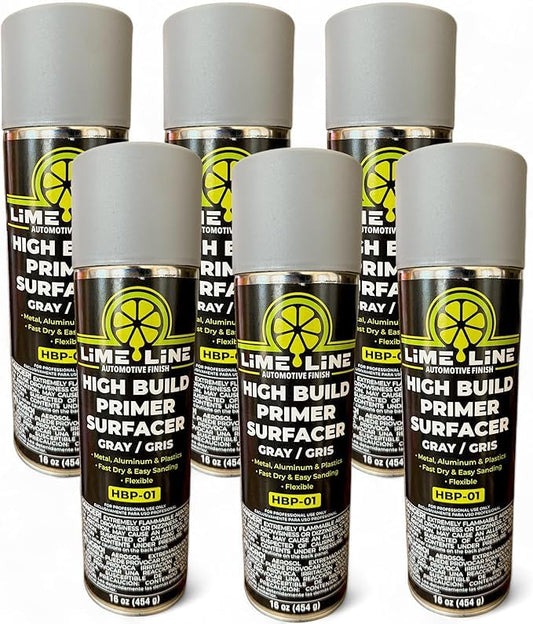 LiME LiNE 1K Flexible High Build Primer Surfacer, Direct to Metal, Automotive and Industrial Grade, 16 oz Aerosol Spray Can, Primer Light Grey (Pack of 6) - color: Pack of 6
