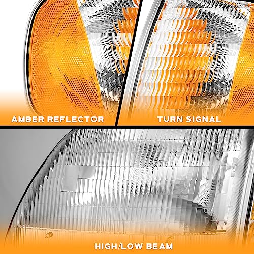 WEELMOTO Headlight for 1997-2003 F150/F250/Expedition W/Bulbs Halogen - color: Chrome Housing I Amber Reflector