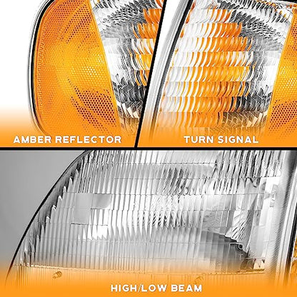 WEELMOTO Headlight for 1997-2003 F150/F250/Expedition W/Bulbs Halogen - color: Chrome Housing I Amber Reflector