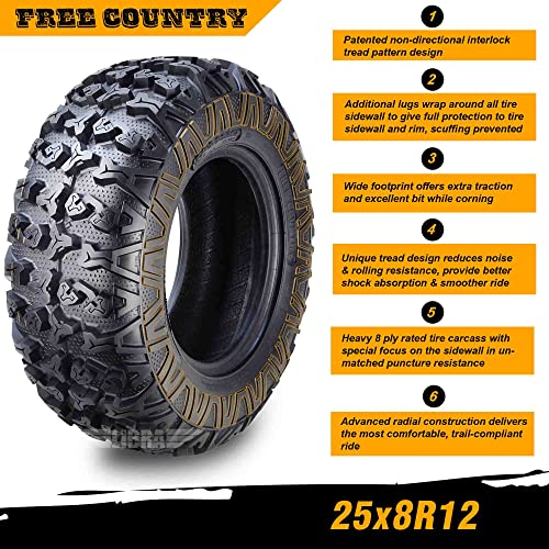 Free Country Set 2 ATV Tires 25X8R12 8PR Radial w/SideScuff Guard 10342 - size: 25x8R12