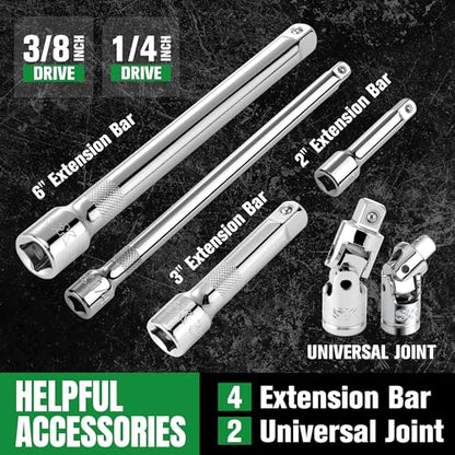 SK 1/4" & 3/8" Drive Socket Set with 90-Tooth Ratchet, SAE & Metric