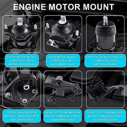 Engine Motor and Transmission Mount 6PCS for Honda Accord 2.4L 2003-2007 Auto Transmission- Replaces A4526HY, A4517, A4509, A4542, A4516, A4510, Front, Right, Rear, Upper Mounts - size: Honda Accord 2.4L 2003-2007