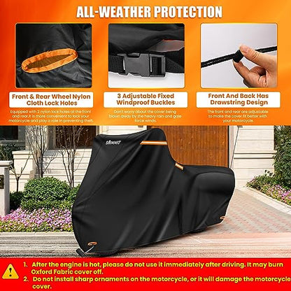 420D Motorcycle Cover Waterproof, Heavy Duty Nano Coating Rain UV,3XL - color: Black, size: 3XL(109"x44"x56")