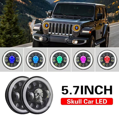 5.75 Inch Motorcycle LED Headlight, Skull Pattern Colorful Angel Eye Round Headlamp with High/Low Beam Turn Signal DRL and Light LED Headlig - size: 5.75'' skull headlight-1PCS