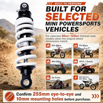 255mm 10” Rear Shock Absorber, 10mm Mounting Hole Heavy Duty Spring Shock for Selected 50cc–125cc Dirt Bike Pit Bike ATV Quad Go Kart, Mini Electric Dirt Bike, Coolster TaoTao Apollo SSR