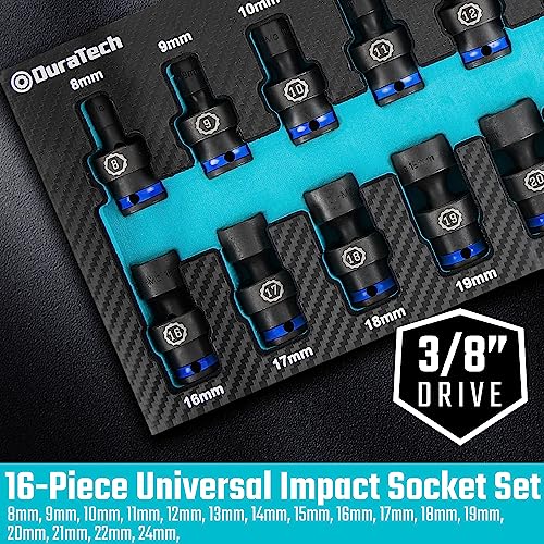 DURATECH 3/8" Drive Impact Universal Joint Socket Set, 16-Piece, 8-24MM - size: 16pc
