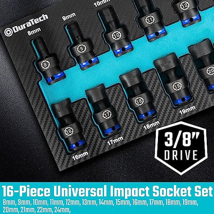 DURATECH 3/8" Drive Impact Universal Joint Socket Set, 16-Piece, 8-24MM - size: 16pc