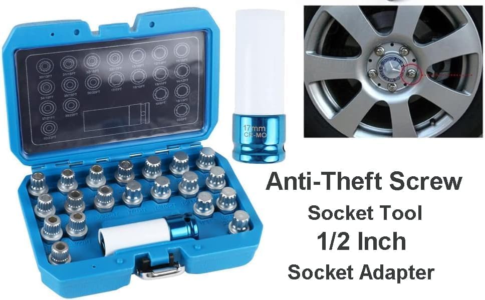 21PCS Wheel Lock Removal Kit, Fxsomgt Wheel Lock Key Automotive Wheel Anti-Theft Lock Lug Nut Screw Remover Key Socket Tool Set with 1/2 inch (12.7mm) Socket Adapter Compatible for BMW & Mini Series