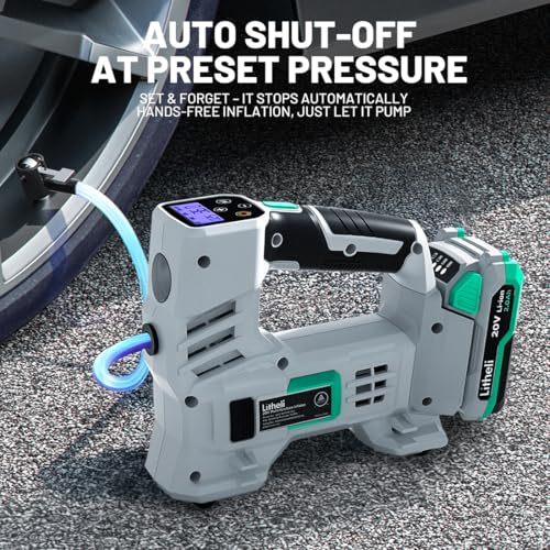 Litheli Tire Inflator Air Compressor, 20V Cordless Car Tire Pump with Digital Pressure Gauge 150PSI for Car Tire, Bike, Sport Ball, 2.0 Ah Battery & Charger