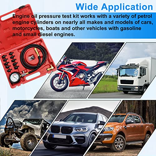 JoyFans Oil Pressure Tester Tool, 0-140PSI Oil Pressure Gauge Kit for Fuel System Mechanical Sensor Engine Cylinder Compression Test with Hose Adapters for Cars ATVs Trucks Use Red Case - color: Red Suitcase