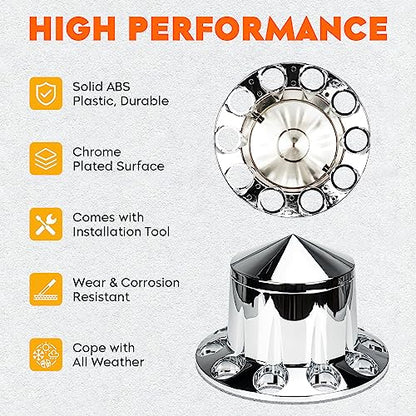 Youxmoto Chrome ABS Complete Axle Cover Set, 2 Front and 4 Rear with Hub Caps and 33mm Screw-On Spiked Lug Nut Covers for Semi Trucks - color: Spiked Cover: 2 Front+4 Rear
