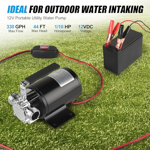 Water Transfer Pump, 12V 1/10HP Electric Utility Pump with On/Off Switch 2 * 6 ft Water Hoses Kit for Removing Water from Garden Pools Aquariums Hot Tub Draining 1/8’’ Low Suction for Rain Barrel - color: 12v-black