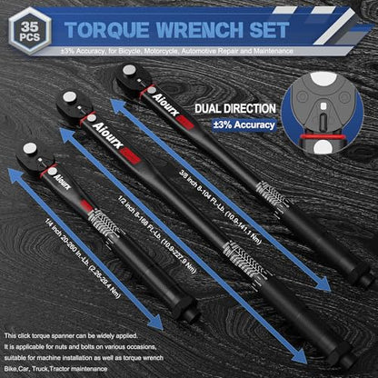 Torque Wrench Set 35PCS, 1/4" 3/8" 1/2" Drive Click Torque Wrench, 72 Tooth Dual-Direction Adjustable, Dual Scale, ±3% Accuracy, for Bicycle, Motorcycle, Automotive Repair and Maintenance - size: 35pcs