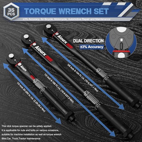 Torque Wrench Set 35PCS, 1/4" 3/8" 1/2" Drive Click Torque Wrench, 72 Tooth Dual-Direction Adjustable, Dual Scale, ±3% Accuracy, for Bicycle, Motorcycle, Automotive Repair and Maintenance - size: 35pcs