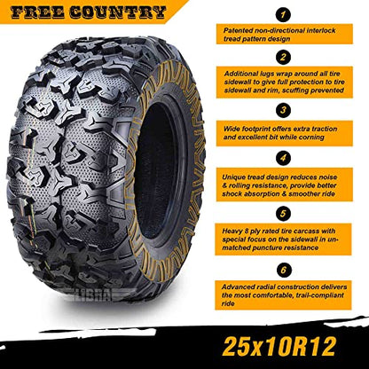 Free Country ATV Tires 25X10R12 8PR Radial w/SideScuff Guard 10343, Set 2 - size: 25x10R12