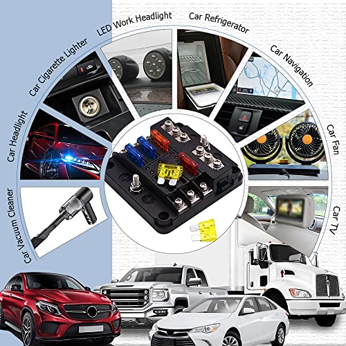 12V Fuse Block, Waterproof 6 Way Fuse Box with LED Indicator for 12V/24V Automotive Golf Cart Truck Car Boat Marine RV Motorcycle - color: 6 Way Fuse Box