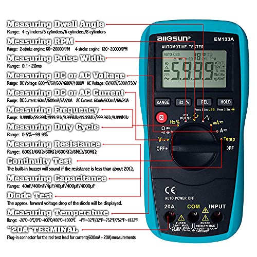 allsun EM133A Auto Multimeter AC/DC Volt Ohm Amp Tester Tool