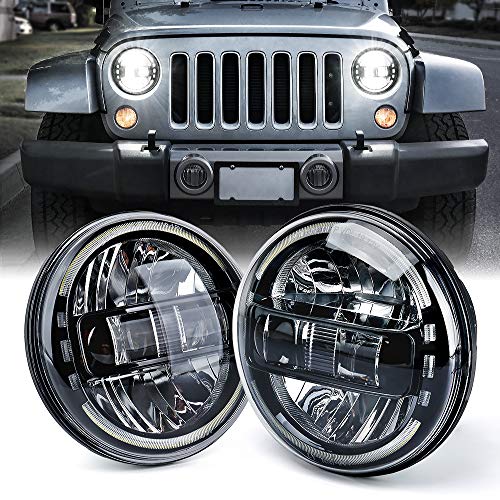 Xprite 7" LED Halo Headlights Compatible with 97-18 Jeep Wrangler JK, Black - color: Black
