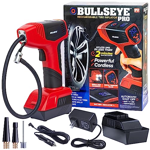 BULLSEYE PRO Tire Inflator with Pressure Gauge, Compact and Portable, Automatic Shut Off, 150 PSI Max, USB Home Rechargeable and Cord for Vehicular Use As Seen On TV (9475) - color: Red