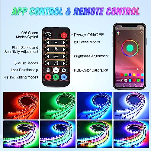 Nilight 4Pcs Car Underglow Neon Accent Strip Lights 256 LEDs RGBIC Multi Color DIY Sound Active Function Music Mode with APP Control and Remote Control Underbody Light Strips, 2 Years Warranty - color: 4Pcs Underglow Light RGBIC Multi Color