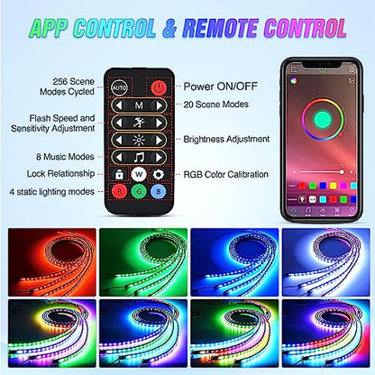 Nilight 4Pcs Car Underglow Neon Accent Strip Lights 256 LEDs RGBIC Multi Color DIY Sound Active Function Music Mode with APP Control and Remote Control Underbody Light Strips, 2 Years Warranty - color: 4Pcs Underglow Light RGBIC Multi Color