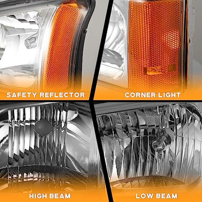 WEELMOTO Headlights for 03-07 Chevy Silverado1500/2500/3500/1500HD/2500HD - color: Clear Lens l Chrome Housing l Amber Reflector