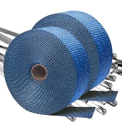 Blue Exhaust Wrap 2" x 200" (2 Rolls) - High Temp Fiberglass Header Wrap for Motorcycle, Car, Exhaust Pipes, Muffler & Header - Heat Resistant 2000°F, Easy Install & Durable (Blue, 2 Rolls) - color: Blue