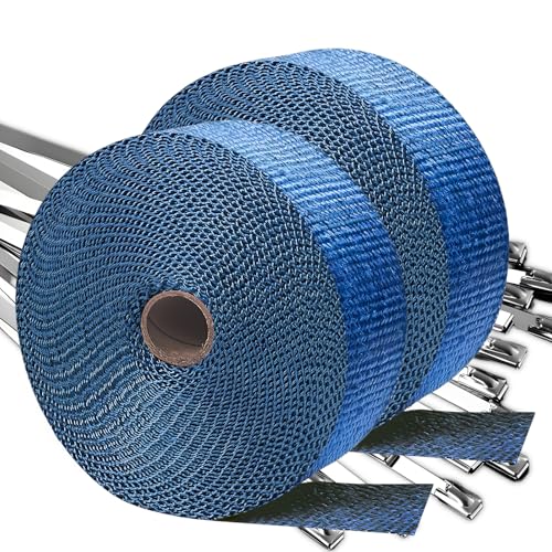 Blue Exhaust Wrap 2" x 200" (2 Rolls) - High Temp Fiberglass Header Wrap for Motorcycle, Car, Exhaust Pipes, Muffler & Header - Heat Resistant 2000°F, Easy Install & Durable (Blue, 2 Rolls) - color: Blue