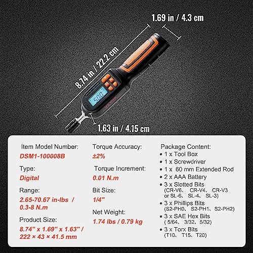 VEVOR Digital Torque Screwdriver, 1/4" Drive Screwdriver Torque Wrench, Electrician Torque Screwdriver with LCD, 2.65-70.67 in-lbs Torque Range, 0.01 N.m Increment Torque Screwdriver with Bits & Case - size: Ultra 2.65-70.67 in-lb