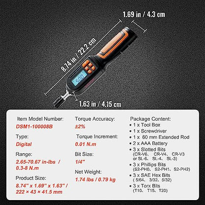 VEVOR Digital Torque Screwdriver, 1/4" Drive Screwdriver Torque Wrench, Electrician Torque Screwdriver with LCD, 2.65-70.67 in-lbs Torque Range, 0.01 N.m Increment Torque Screwdriver with Bits & Case - size: Ultra 2.65-70.67 in-lb