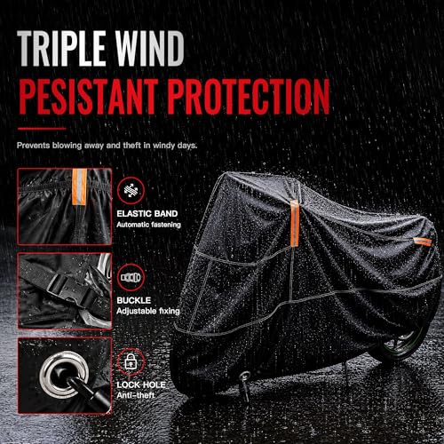 Motorcycle Cover Waterproof Outdoor Heavy Duty All-Weather UV Protection with Reflective Strips & Lock Holes,Storage Bag,Sport,Fits Most Cruiser,Touring,Street,Dirt Bike (Length up to 86.6")