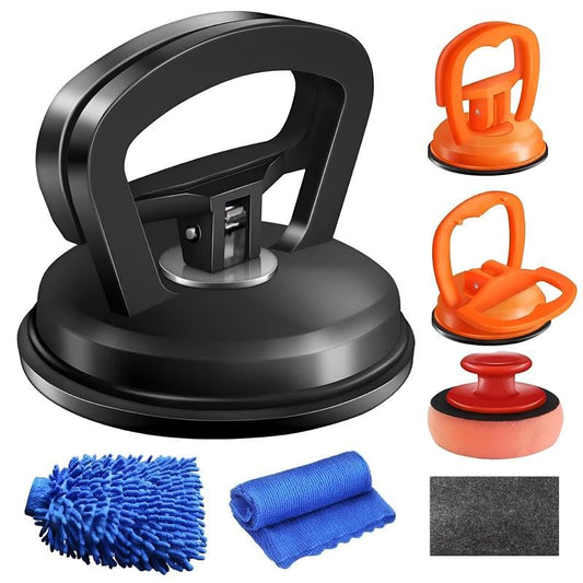 7-Piece Car Dent Puller Kit – Black & Orange Suction Cup Dent Remover Set with Large & Small Pullers, Scratch Repair Tools, Microfiber Mitt, Nano Cloth & Buffing Pad for Car Body Restoration