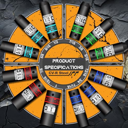 12 Piece 1/2" Drive Impact Socket Set, 3/8" - 1" Deep Socket, SAE, 6 points, CR-V Material, Cars, Motorcycles, Tire Changes - size: 1/2" Deep SAE