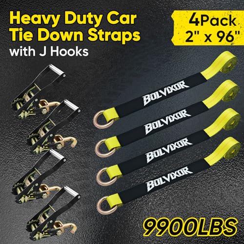 Car Tie Down Straps, 4 Pack, 2" x 96", 9900 LBS, Heavy Duty J Finger Hooks - color: Yellow
