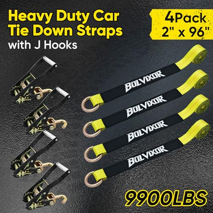 Car Tie Down Straps, 4 Pack, 2" x 96", 9900 LBS, Heavy Duty J Finger Hooks - color: Yellow