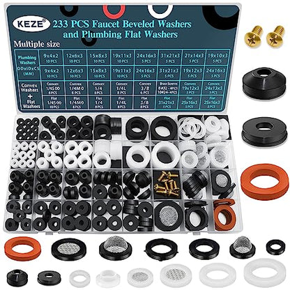 KEZE 233 Pcs Plumbing and Faucet Washers Assortment Kit for Assorted Spigot Water Hose Bib Outside Garden Faucet Splitter Gasket Leak Plumbes Valve Stem Worn Out Repair