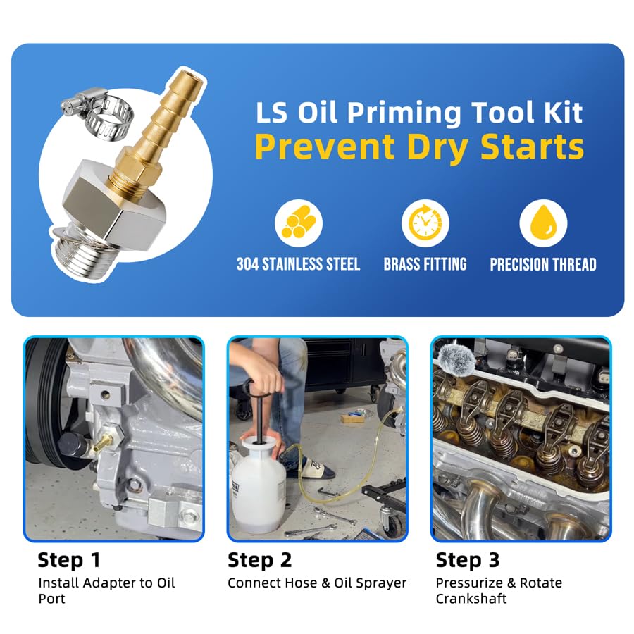 LS Oil Priming Tool Kit, Oil Pump Primer Tool with M16x1.5 LS Oil Pressure Adapter and 1/8 NPT Hose Barb Brass Fitting, Pre Oiler Tool for GM LS Engine LS1 LS3 LSX 4.8 5.3 6.0 6.2