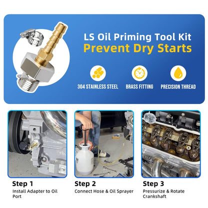 LS Oil Priming Tool Kit, Oil Pump Primer Tool with M16x1.5 LS Oil Pressure Adapter and 1/8 NPT Hose Barb Brass Fitting, Pre Oiler Tool for GM LS Engine LS1 LS3 LSX 4.8 5.3 6.0 6.2
