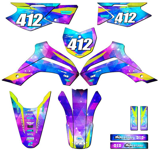 2021-2025 KLX 140 RF SPACE KADET Galaxy Complete Kit With Rider I.D. Compatible with Kawasaki | Senge Graphics Inc - size: Complete Kit With Rider I.D.