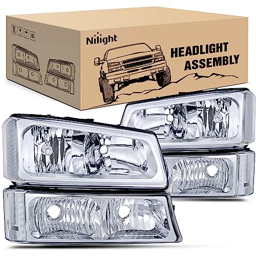Nilight Headlight Assembly for 2003 2004 2005 2006 Chevy Silverado Avalanche 1500 1500HD 2500 2500HD 3500 Chevrolet Pickup Replacement Headlamp Housing Bumper Lamp Set - color: Chrome Housing + Clear Reflector